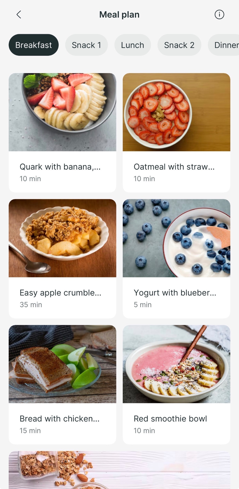 App meal plan screen showing breakfast recipe cards