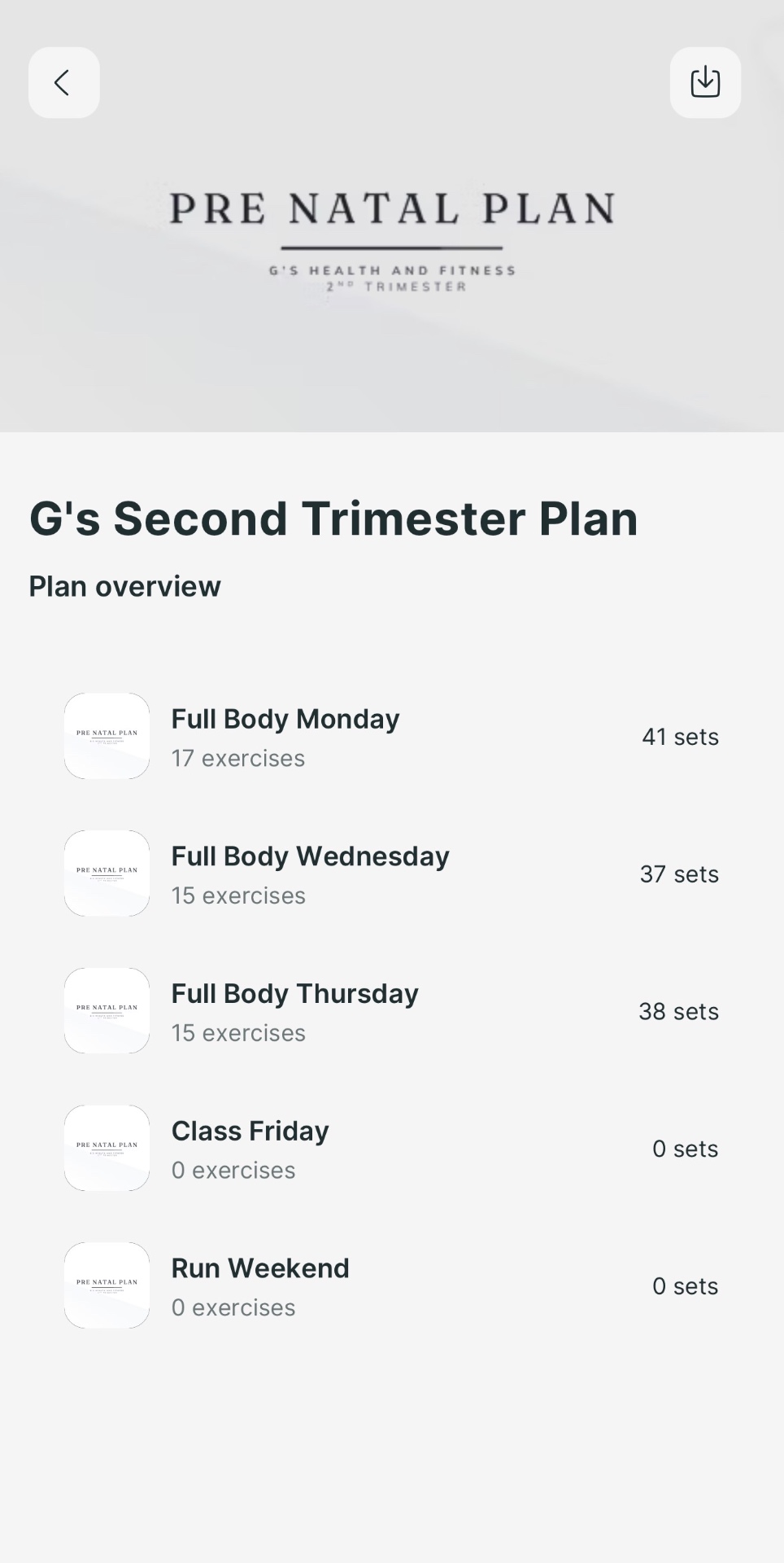 App plan overview showing a second trimester training plan and its sessions