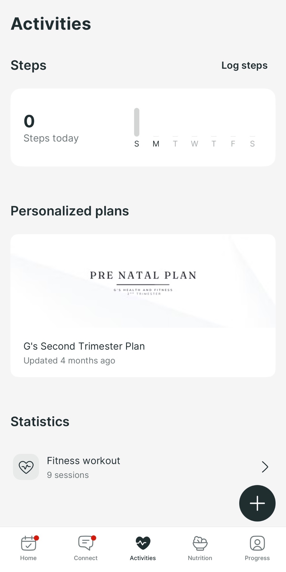 App activities screen showing steps, personalised plans and workout statistics