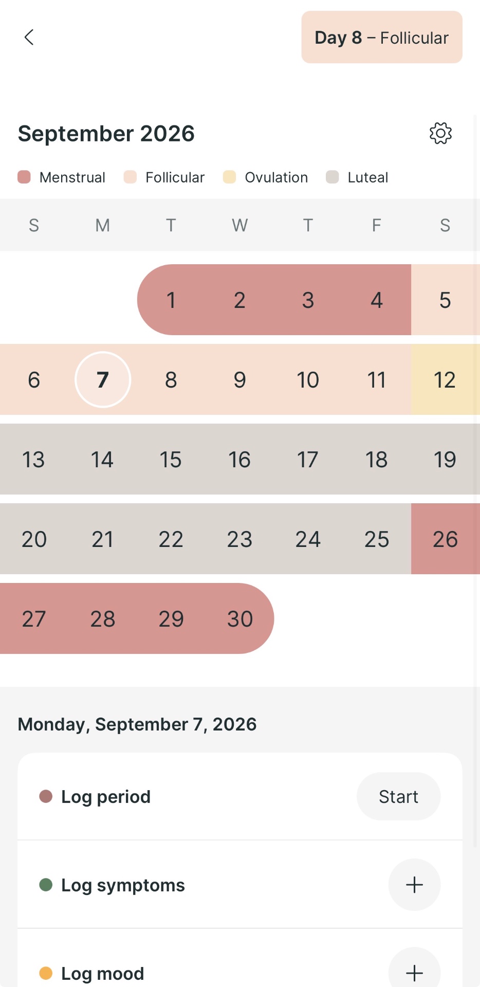 App cycle tracker showing a monthly calendar with cycle phases