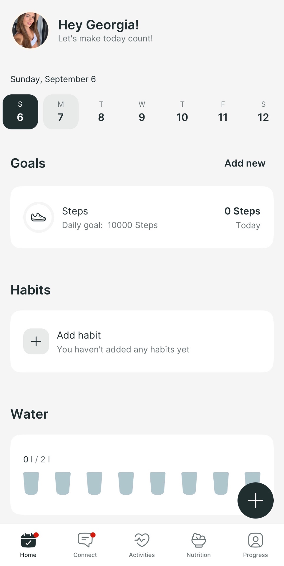 App home screen showing daily goals, habits and water tracking