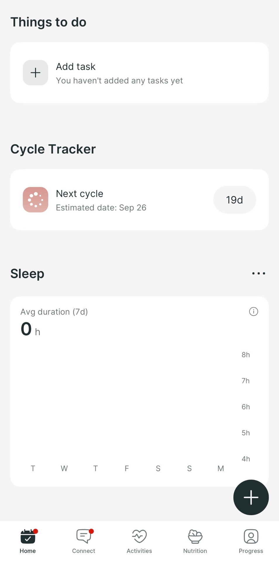 App home screen showing tasks, cycle tracker and sleep duration