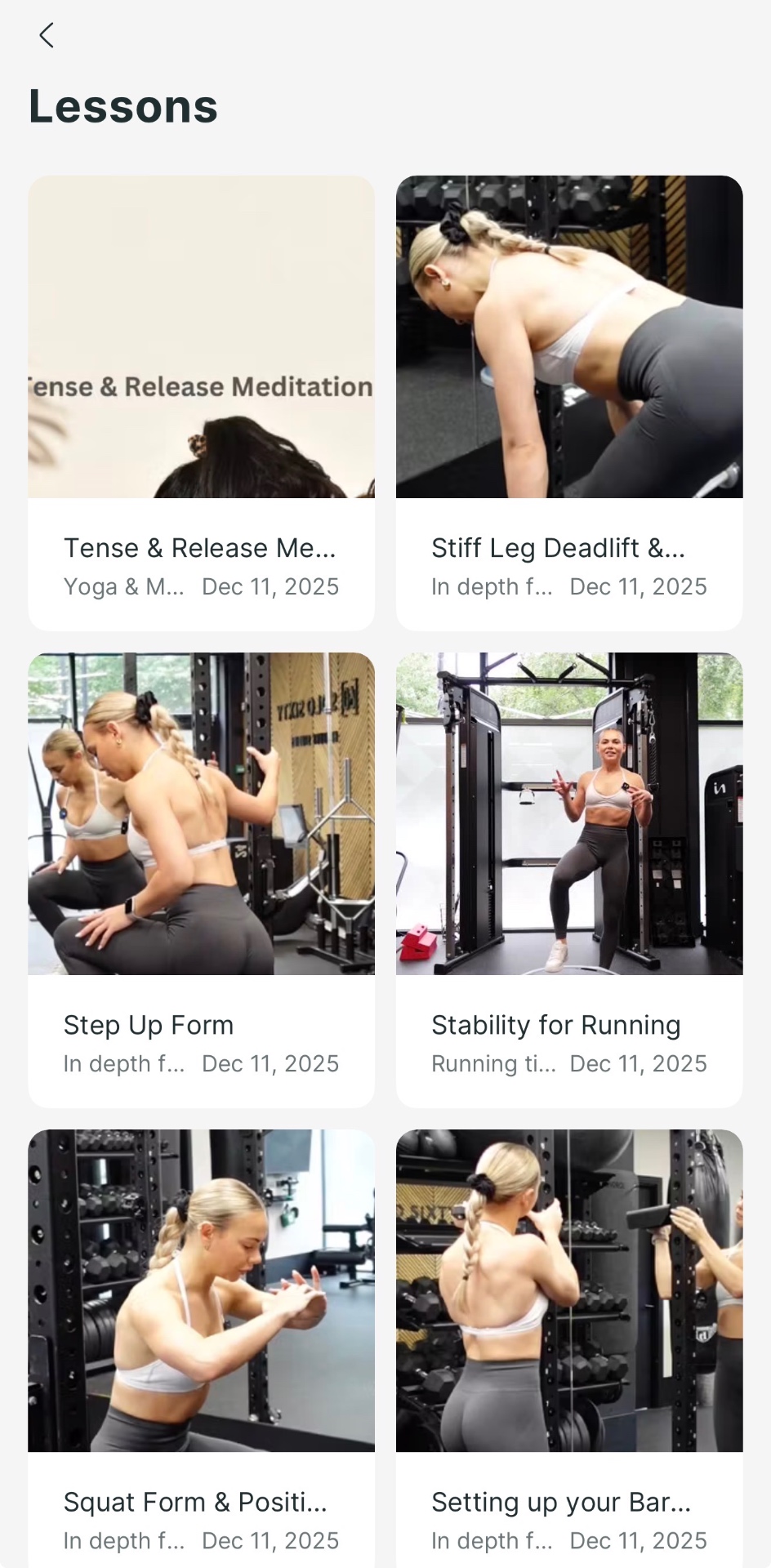 App lessons library showing form videos and meditation sessions