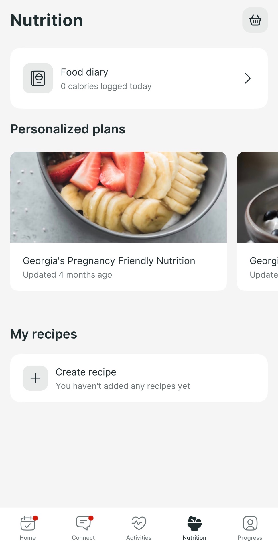 App nutrition screen showing personalised plans and recipes